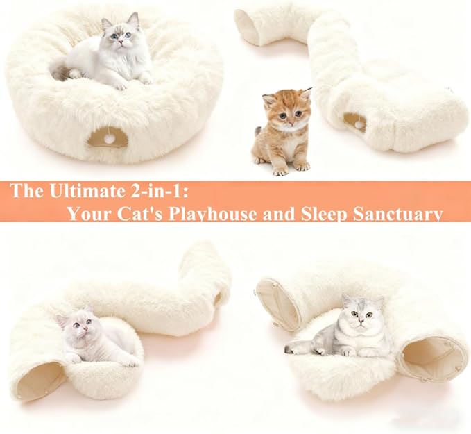 3 in-1 Cat Donut Bed - Luxurious Cat Tunnel Toys, Plush Cat Tunnel with Hanging Toys, Washable Pet Bed for Cats Kittens Rabbits, Xmas Decoration & Cat Tree Barrier