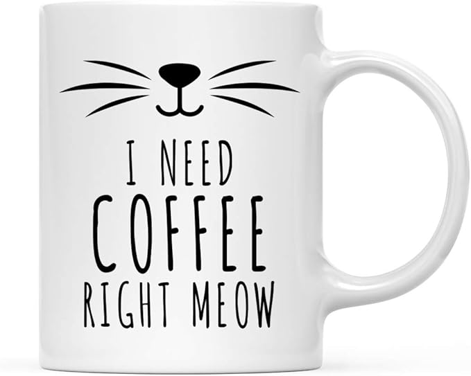 Andaz Press Funny Cat Lover 11oz. Ceramic Coffee Tea Mug, I Need Coffee Right Meow, 1-Pack, for Cat Mom, Birthday Christmas Ideas, Includes Box