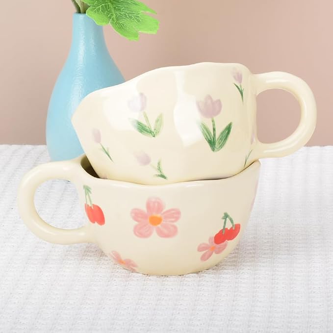 Cute Coffee Mug,Ceramic Tea cup,Kawaii coffee mugs,Handmade Creative Flower Pink mug with Spoon,Aesthetic mugs for milk Cappuccino Cocoa,8.5 oz Cheery Mug Gift for Women Christmas (Purple)