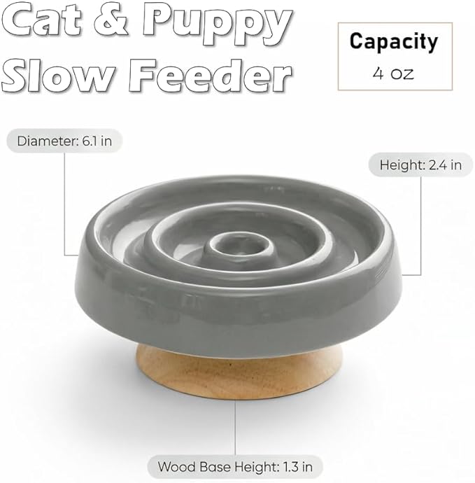 Ceramic Cat Slow Feeder, Raised Slow Feeder Cat Bowl, Anti Vomiting and Whisker Friendly Kitty Dish, Elevated Puppy Kitten Bowl for Dry and Wet Food (Gray)