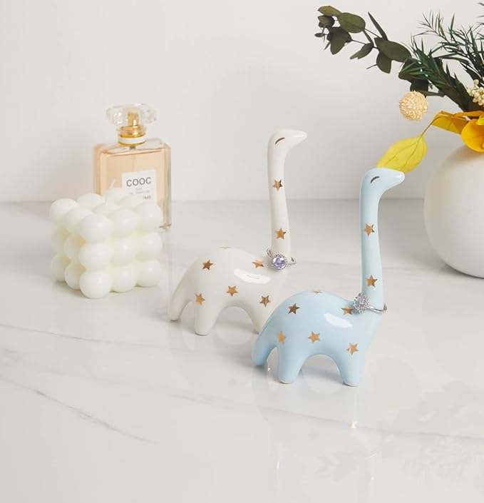 PUDDING CABIN Blue Dinosaur Ring Holder Engagement Wedding Ring Stand, Rings Oragnizer, Mothers Day Christmas Birthday Gifts for Women, Dinosaur Decor