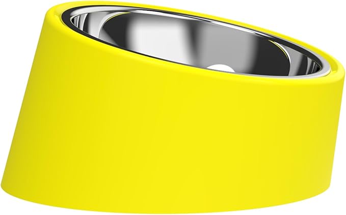 15 Degree Tilted Slow Feeder Bowl for Small Dogs and Cats, Anti-Gulping Raised Pet Food and Water Dish with Non-Skid Base, Mess-Free Easy Clean Design, Yellow