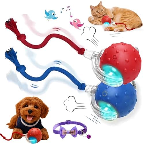 2026 New Dog Toy, Motion Dog Toy 2.0, Interactive Fast Moving Ball with Birdsong, 360° Smart Automatic Rolling Electric Dogs Ball Toys with Rope for Dogs Cat Indoor Play (Mix*2)