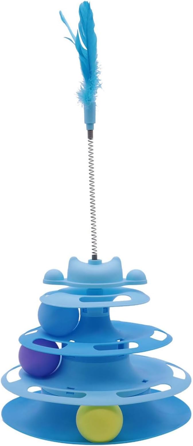 Cat Ball Track Toys, Creative Feather Toy, consisting of 3 Balls and a Feather Stick, Tower-Shaped cat Intelligence Toy, Suitable for Chasing Games with Kittens. (Blue)