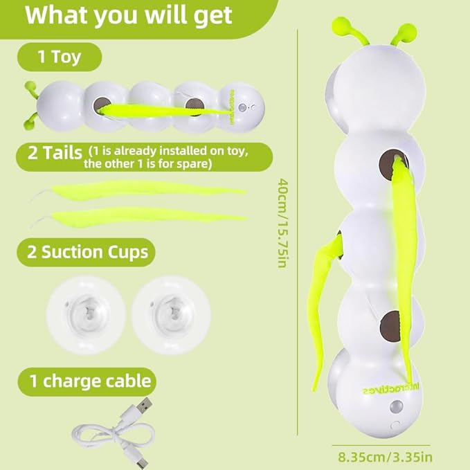 Caterpillar Smart Cats Toys, Interactive Cat Feather Toy with Motion Sensor, Whirlie Cat Toy for Hunting, Reduce Boredom, USB Rechargeable, No Drilling Required, Mount on Window (Caterpillar Cat Toy)