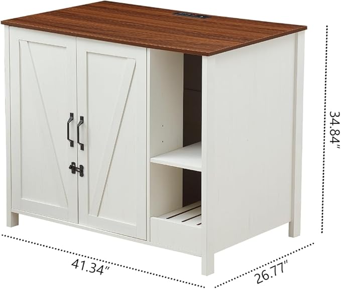 Litter Enclosure with Litter Collector, Litter Cabinet with Dog-Proof Adjustable Shelf, for Placing Cat Robot 3/4, Power Outlet (Antique White)