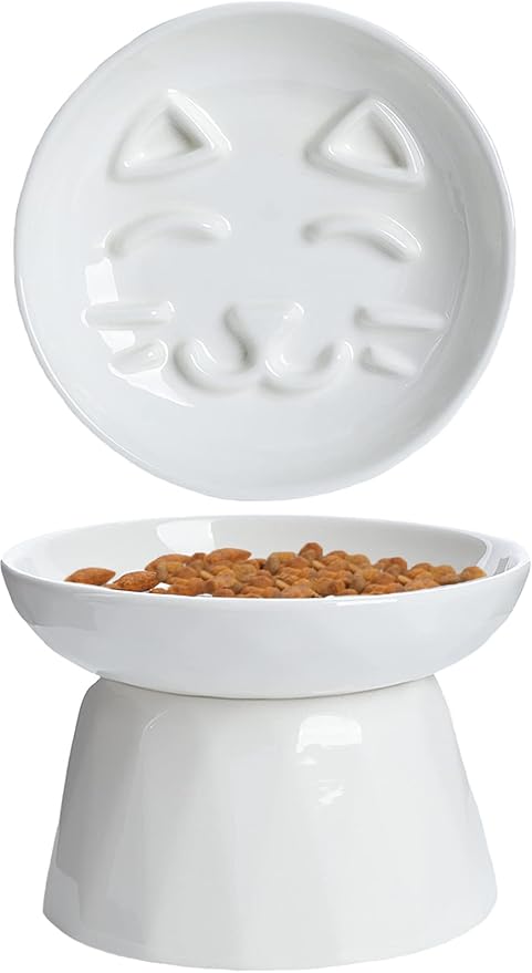Raised Slow Feeder Cat Bowl, Ceramic Elevated Cat Slow Feeder, Healthy Eating for Wet & Dry Food, Sturdy & Grippy, Pet Puzzle Food Plate, Prevent Vomitting Indigestion, Dishwasher Safe