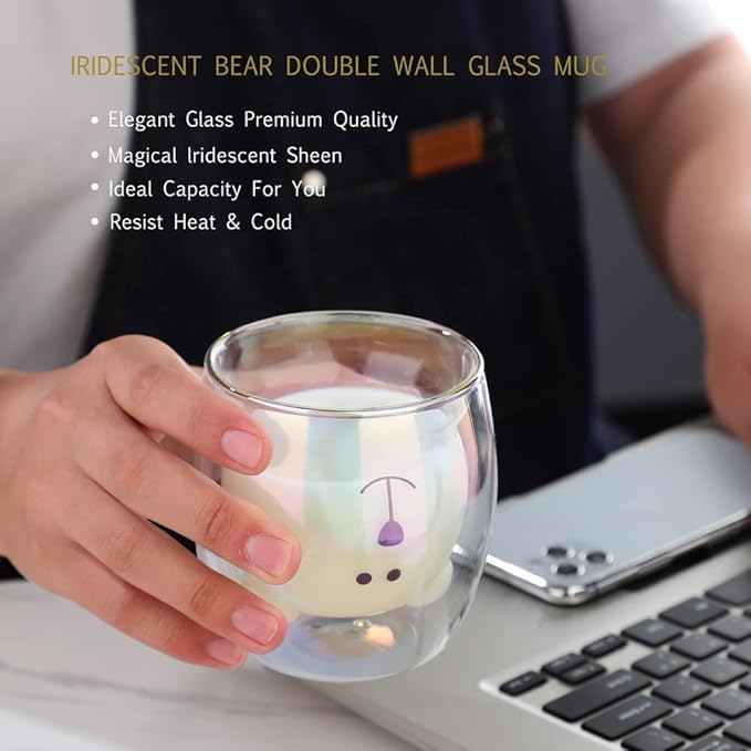 Binoster Cute Mugs Double Wall Glass Coffee Glass Cup Kawaii Bear Tea Milk Cup Funny Mug Animal Mug Aesthetic Cup for Office and Personal Birthday Gift (Iridescent Bear)