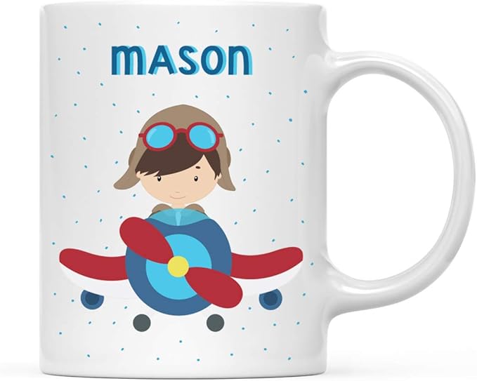 Andaz Press Personalized 11oz. Kids Hot Chocolate Mug, Boy Pilot in Airplane, 1-Pack, Custom Child’s Birthday Christmas Coffee Cup