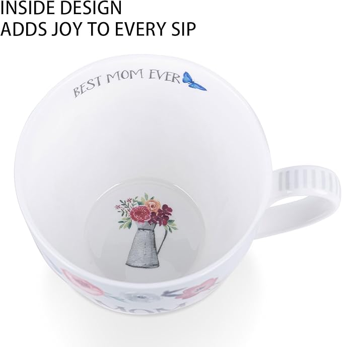 Best Mom Ever Coffee Mug - 20oz Bone China Hug Mug with Floral Design, Thoughtful Mother's Day or Birthday Gifts for Women, Designed in England by Harvest Green Studio