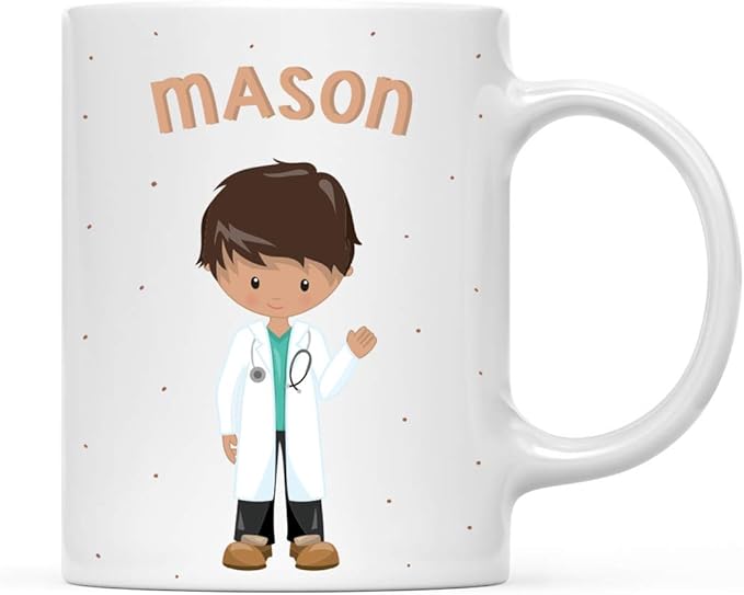 Andaz Press Personalized 11oz. Kids Milk Hot Chocolate Mug, Brown Haired Boy Doctor, 1-Pack, Custom Child’s Birthday Christmas Coffee Cup