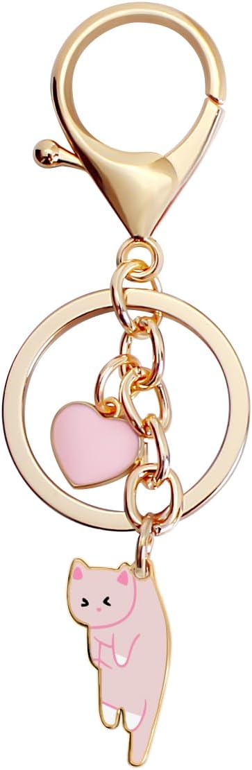Lazy Cat Pink heart Keychain Fun Cartoon Kitten Cute Key Ring for Animal Key Chain Girl Birthday