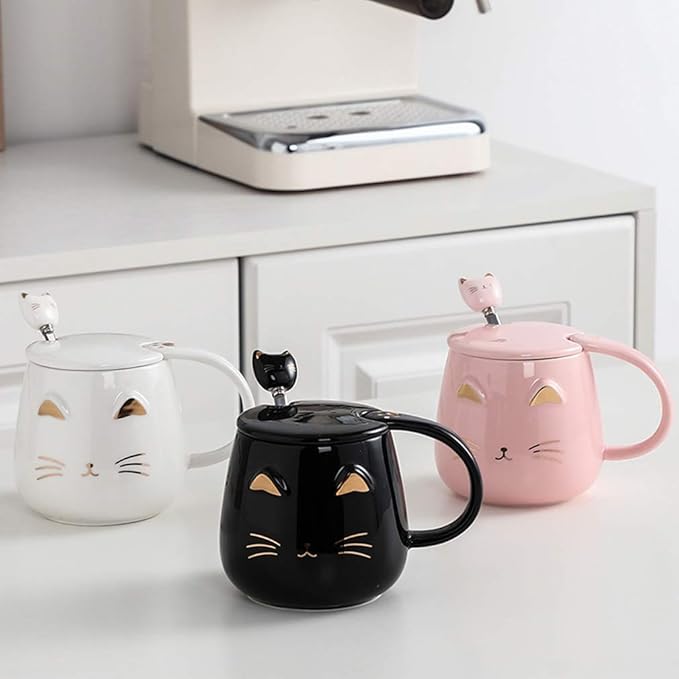 White Cat Mug, Cute Kitty Ceramic Coffee Mug with Stainless Steel Spoon, Novelty Coffee Mug Cup for Cat Lovers Women Girls