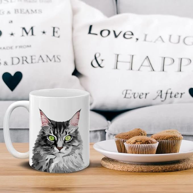 MUGBREW Maine Coon Cat Vector Portrait Ceramic Coffee Mug Tea Cup, 11 OZ