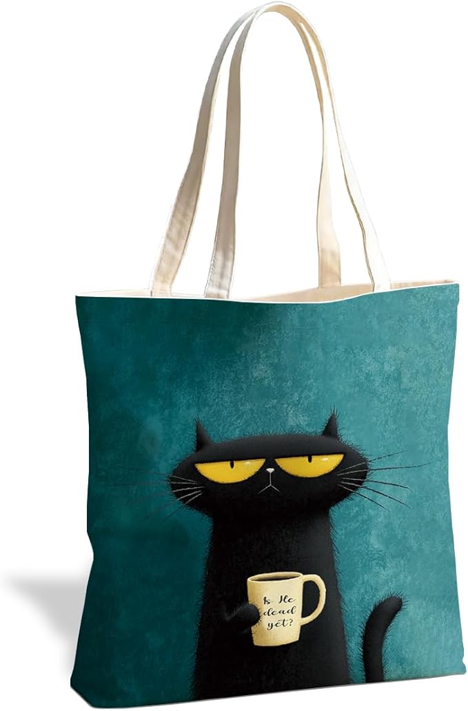 Funny Black Cat Coffee Canvas Tote Bag for Women, Grumpy Cat Lover Gift Reusable Grocery Shopping Shoulder Bag, Aesthetic Black Cats Tote for Work Beach Gym