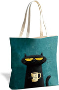 Funny Black Cat Coffee Canvas Tote Bag for Women, Grumpy Cat Lover Gift Reusable Grocery Shopping Shoulder Bag, Aesthetic Black Cats Tote for Work Beach Gym