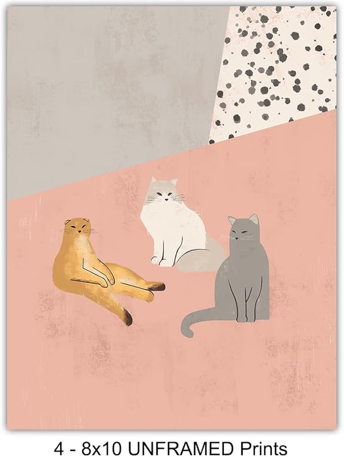 Abstract Minimalist Cat Wall Decor - Mid Century Modern Cat Lover Gifts For Women - Aesthetic Posters - Cute Kiity Wall Art - Wall Collage Kit - Boho Bohemian Decor - Geometric Line Art Wall Decor