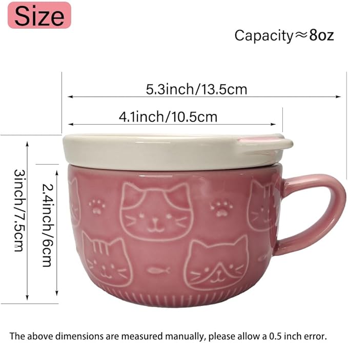 Ceramic Cute Cat Mug With Lid - Funny Novelty Cup for Cat Lovers, Tea and Dessert - Gift for Girls, Boys, Women on Christmas, Birthday (Pink)