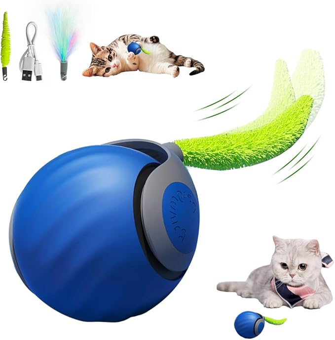 Speedy Cat Toy,Smart Self Rolling Interactive Toy Balls Automatic Moving,Chase Toys for Bored Indoor Kitten/Adult Cats, Rechargable(Blue)