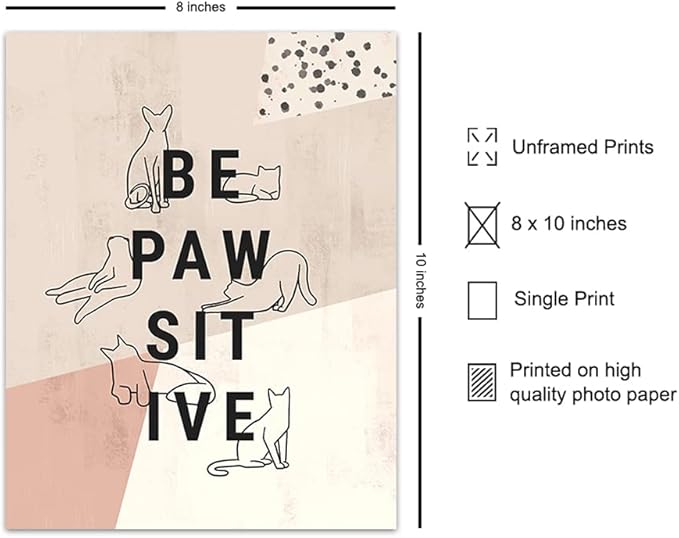Inspirational Cat Art Wall & Decor - Cat Lover Gifts for Women - Cute Motivational Kiity Posters 8x10 - Aesthetic Abstract Minimalist Mid Century Modern Kitten Decor - Be Positive Geometric Line Art