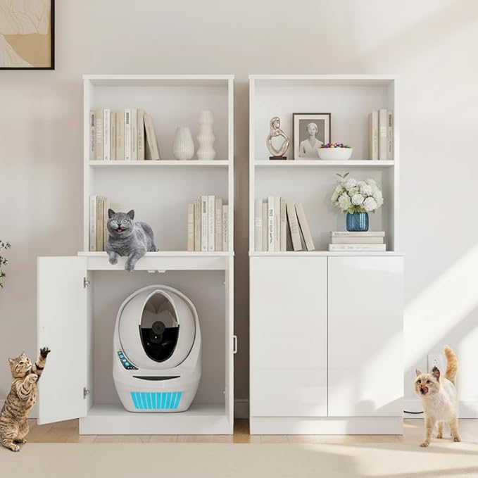 YITAHOME Large Cat Litter Box Furniture with Shelves and Charging Station, Hidden for Self-Cleaning Cats Litter Box Enclosure, Wooden Cat Cabinet for Smart Litter-Box Size, High-Gloss White
