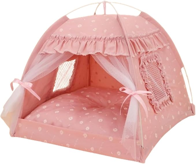 Selena Cat Bed Tents Dog House Indoor Outdoor Lace Mesh Breathable Windows Door Curtains Removable Portable Nest Teepe House (Medium,Pink(Ruffled Teim))