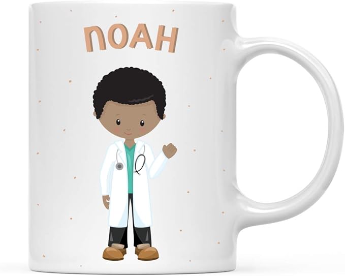 Andaz Press Personalized 11oz. Kids Milk Hot Chocolate Mug, Black Haired Boy Doctor, 1-Pack, Custom Child’s Birthday Christmas Coffee Cup