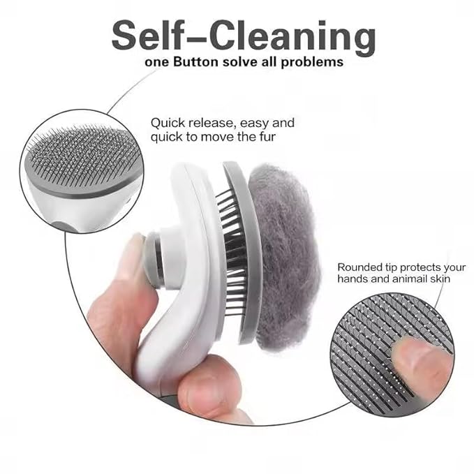 Generic Pet Grooming Brush, Gray - Self Cleaning Dematting Comb for Cats and Dogs, Bristles with Massage Particles, Ergonomic Handle Design, Easy to Use, for Long or Short Hair Breeds, Stainless Steel