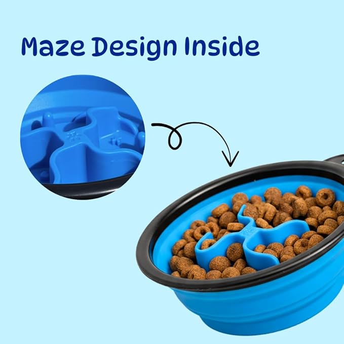 Collapsible Cat Bowl, Maze Design Pet Puzzle Feeder, 650ml Dog Slow Feeding Bowls, Dog Slow Feeding Bowl with Carabiner Portable BPA-Free Silicone Pet Bowls for Hiking,Travel,Camping - Colour Blue