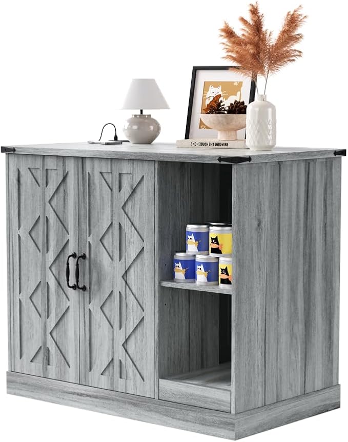 Modern Cat Litter Box Cabinet Furniture with Power Outlet for Automatic Cleaner, Hidden Enclosure Featuring Litter Catcher Trap Door, Adjustable Storage Shelves, Gray