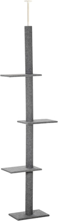 PawHut Floor-to-Ceiling Cat Tree Cat Climbing Tower with Sisal-Covered Scratching Posts Natural Cat Tree Activity Center for Kittens Cat Tower Furniture, Grey