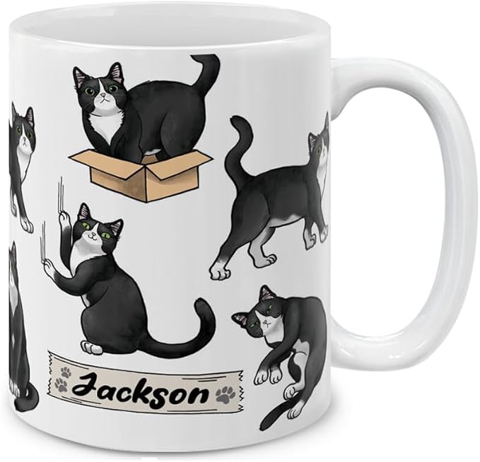 MUGBREW Personalized Coffee Mug with Your Name or Text, Customized Gifts For Christmas Birthday Anniversary, Ceramic 11 OZ Coffee Mug Tea Cup - Black White Tuxedo Cat Playful Postures Pattern