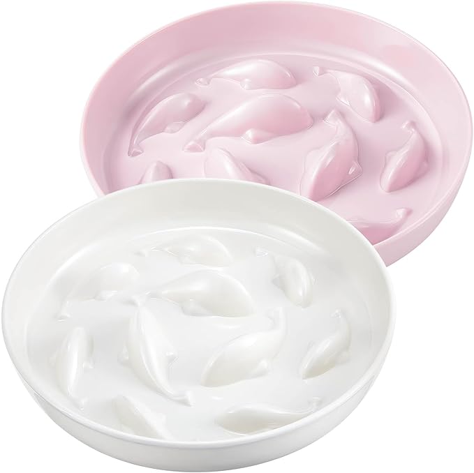 Nitial 2 Pcs Cat Slow Feeder Bowl Fish Pool Design Feeder Dish Fun Interactive Cat Food Bowl Healthy Eating Diet Bowls for Pet Puppy Dogs Dishwasher Safe(White, Pink)