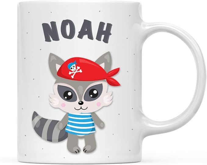 Andaz Press Personalized 11oz. Kids Milk Hot Chocolate Mug, Raccoon Pirate Red Scarf, 1-Pack, Custom Child’s Birthday Christmas Coffee Cup