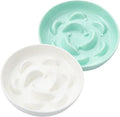 Cat Slow Feeder Bowl Set - 2-Pack Ceramic Cat Dishes for Slow Eating - Whisker-Friendly Cute Maze Bowls for Dry & Wet Food - Microwave & Dishwasher Safe - White and Green