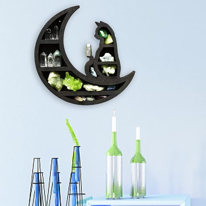 Cat on The Moon Wooden Shelf for Crystals, Moon Crystal Shelf Jewelry Holder, Floating Shelves Essential Oil Shelfes for Living Room, Dinning Room, Bed Room(Color:Black)
