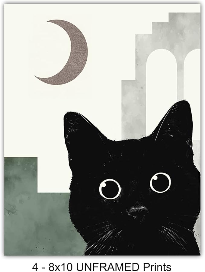 Black Cat Wall Art Prints - Boho Room Decor - Mid-century modern Scandinavian Wall Art - Abstract Minimalist Decor Aesthetic - Cute Cat Green Wall Decor - Cat Lover Gifts for Women, Home Decor Set