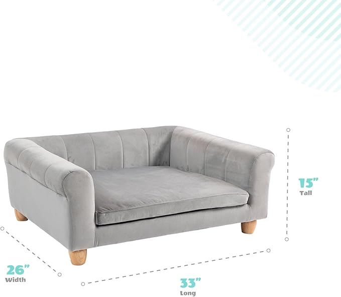 CRITTER SITTERS 33” Faux Suede Ped Bed in Grey, Durable Washable Sofa Couch for Small & Medium Cats & Dogs, Must Have Accessory for Yorkies, Shih Tzus & Frenchies, Kitten & Puppy Essential Furniture