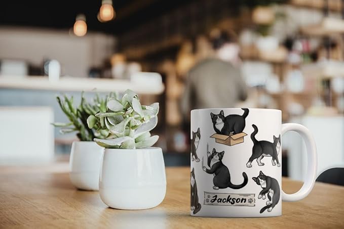MUGBREW Personalized Coffee Mug with Your Name or Text, Customized Gifts For Christmas Birthday Anniversary, Ceramic 11 OZ Coffee Mug Tea Cup - Black White Tuxedo Cat Playful Postures Pattern