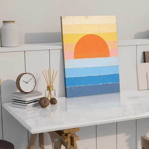 Boho Sun Framed Canvas Wall Art, Bohemian Sunrise Sunset on the Horizon Decor Wall Painting, Geometric Nature Art Picture Modern Decor for Home Living Room Bedroom Office, 11.4"x15"