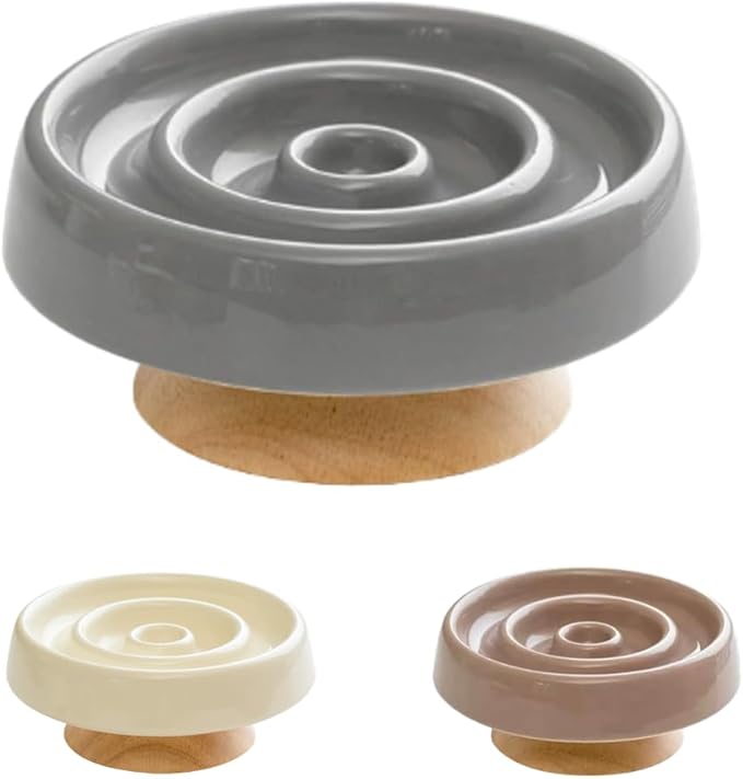 Ceramic Cat Slow Feeder, Raised Slow Feeder Cat Bowl, Anti Vomiting and Whisker Friendly Kitty Dish, Elevated Puppy Kitten Bowl for Dry and Wet Food (Gray)