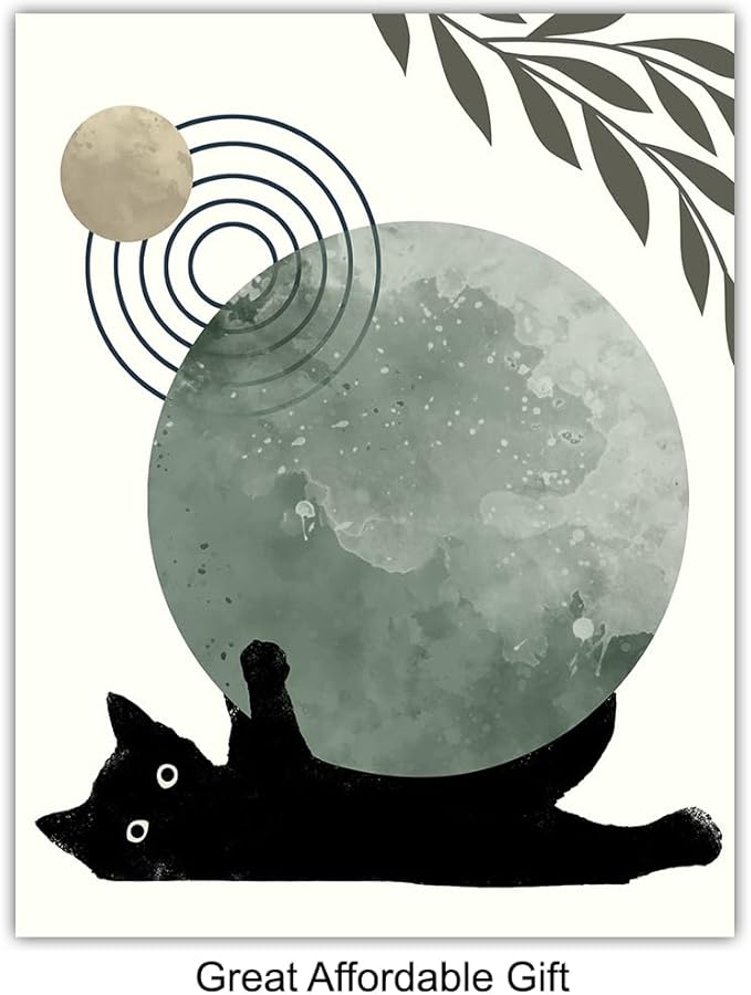 Black Cat Wall Art Prints - Boho Room Decor - Mid-century modern Scandinavian Wall Art - Abstract Minimalist Decor Aesthetic - Cute Cat Green Wall Decor - Cat Lover Gifts for Women, Home Decor Set
