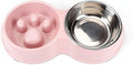 Tineer Double Pet Dog Slow Feeder Bowl,Stainless Steel Anti-Choke Puppy Food and Water Feeder for Dog Cats (Pink)