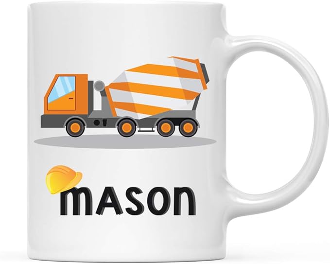 Andaz Press Personalized 11oz. Kids Hot Chocolate Mug, Orange Construction Truck Cement Truck, 1-Pack, Custom Child’s Birthday Christmas Coffee Cup