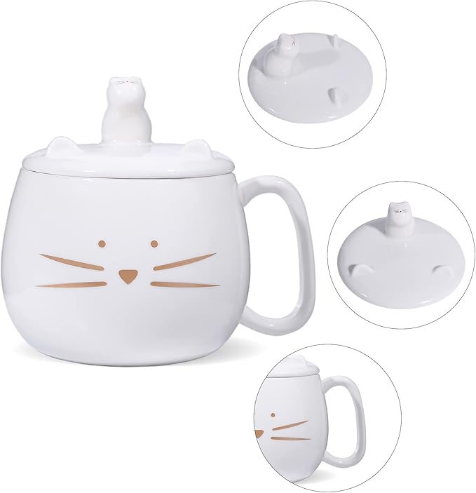 Koolkatkoo Unique Cat Coffee Mug with Lid for Cat Lover Cute Ceramic Tea Mugs with Holder for Cell Phone Porcelain Cup Have The Gold Kitten Gift for Women White