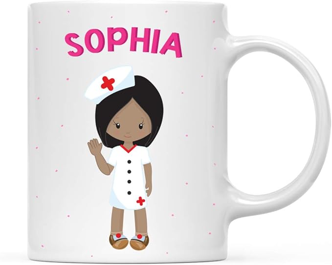 Andaz Press Personalized 11oz. Kids Milk Hot Chocolate Mug, Black Haired Girl Nurse, 1-Pack, Custom Child’s Birthday Christmas Coffee Cup