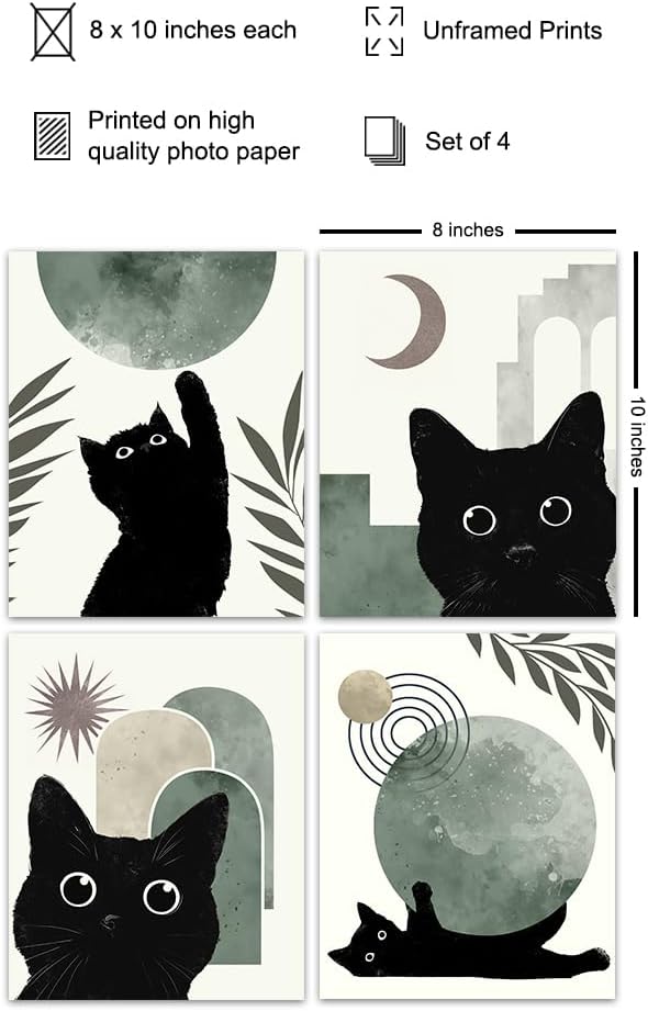 Black Cat Wall Art Prints - Boho Room Decor - Mid-century modern Scandinavian Wall Art - Abstract Minimalist Decor Aesthetic - Cute Cat Green Wall Decor - Cat Lover Gifts for Women, Home Decor Set