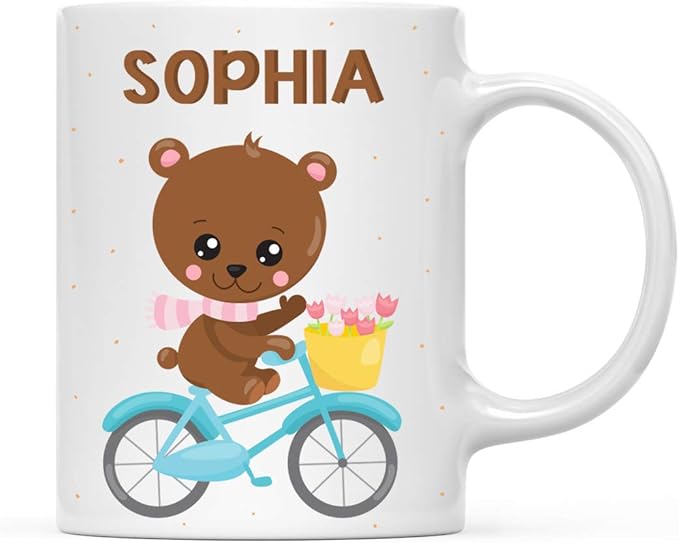 Andaz Press Personalized 11oz. Kids Milk Hot Chocolate Mug, Bear Blue Bicycle, 1-Pack, Custom Child’s Birthday Christmas Coffee Cup