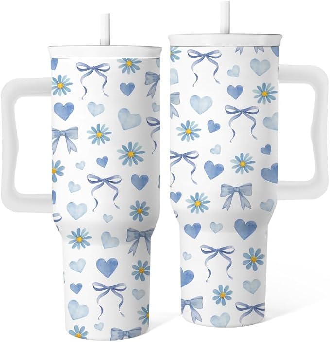 Bow Tumbler With Handle 40 Oz, Blue Bow Insulated Tumbler For Women, Christmas Gifts For Women Girls Mom Wife Friends, Blue And White Christmas Insulated Cup