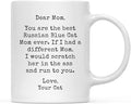 Andaz Press Funny Mom 11oz. Coffee Mug Gag Gift, Best Russian Blue Cat Mom, Scratch in Ass and Run to You, 1-Pack, Cat Lover's Christmas Birthday Ideas, Includes Gift Box